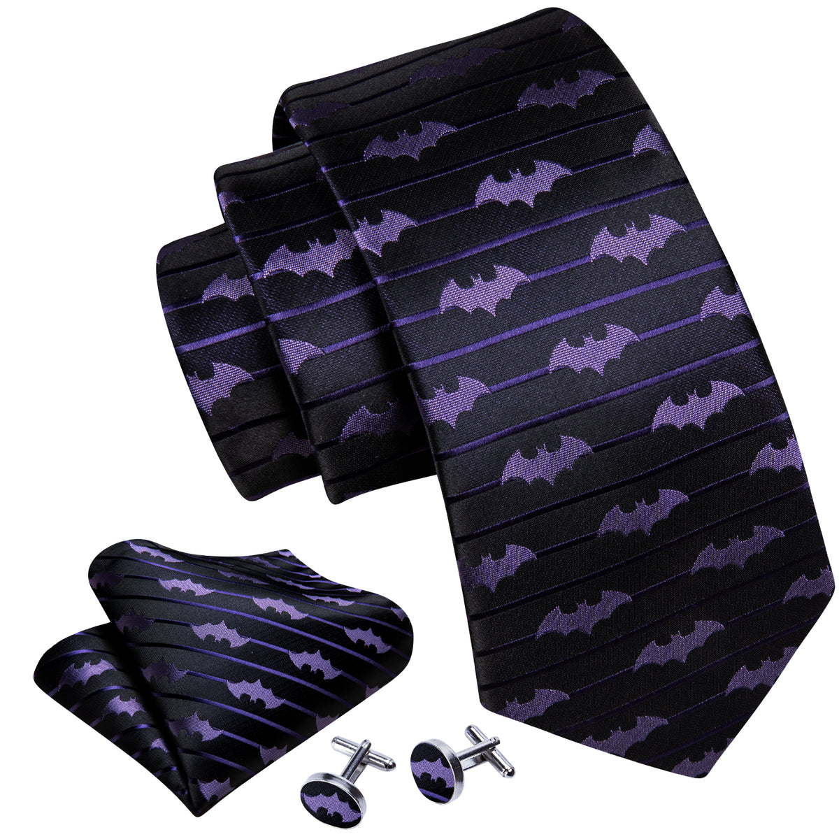 Black & Purple Silk Bat Novelty Tie Set with Pocket Square and Cufflinks tie sets    - Sophisticated Gentlemen