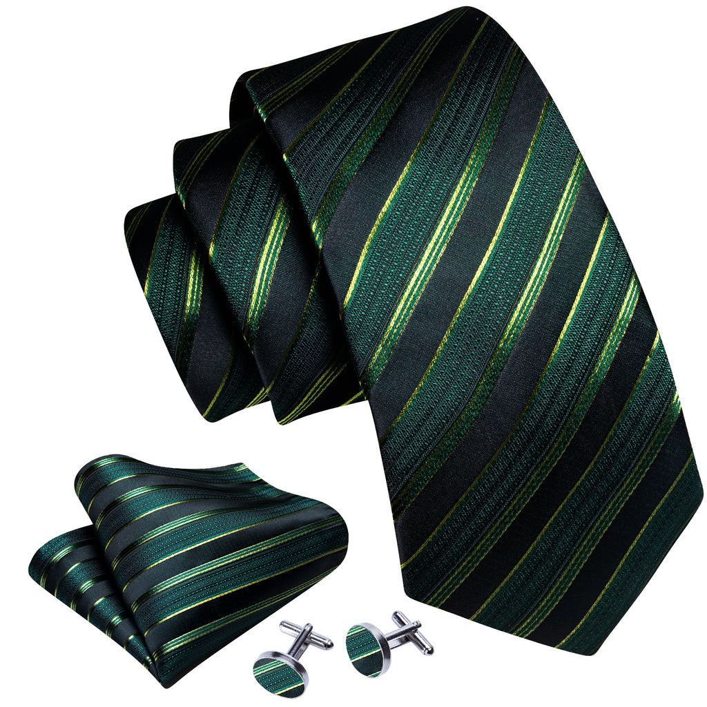 Light Green Black Striped Silk Tie, Pocket Square and Cufflinks Set tie sets - Sophisticated Gentlemen
