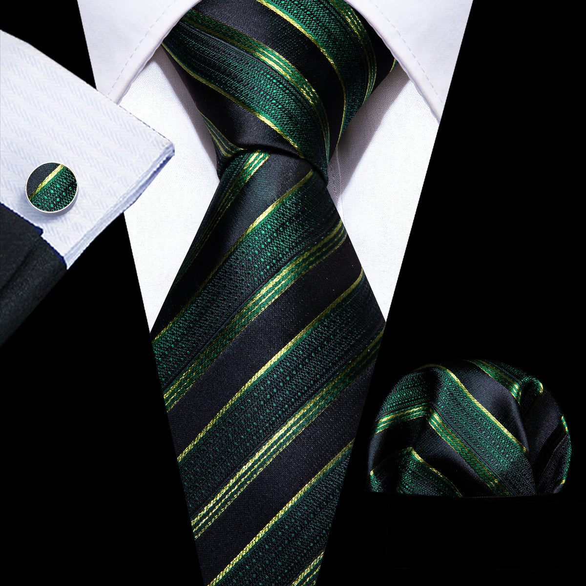 Light Green Black Striped Silk Tie, Pocket Square and Cufflinks Set tie sets - Sophisticated Gentlemen