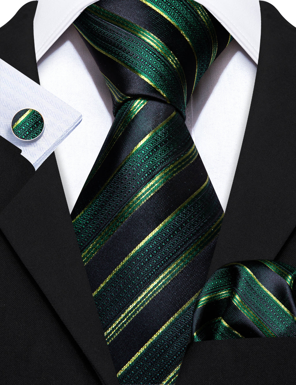 Light Green Black Striped Silk Tie, Pocket Square and Cufflinks Set tie sets - Sophisticated Gentlemen