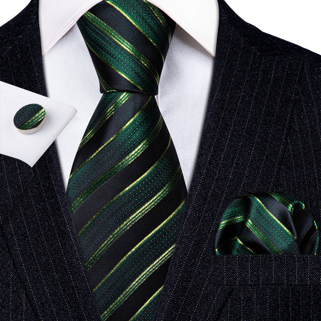 Light Green Black Striped Silk Tie, Pocket Square and Cufflinks Set tie sets - Sophisticated Gentlemen