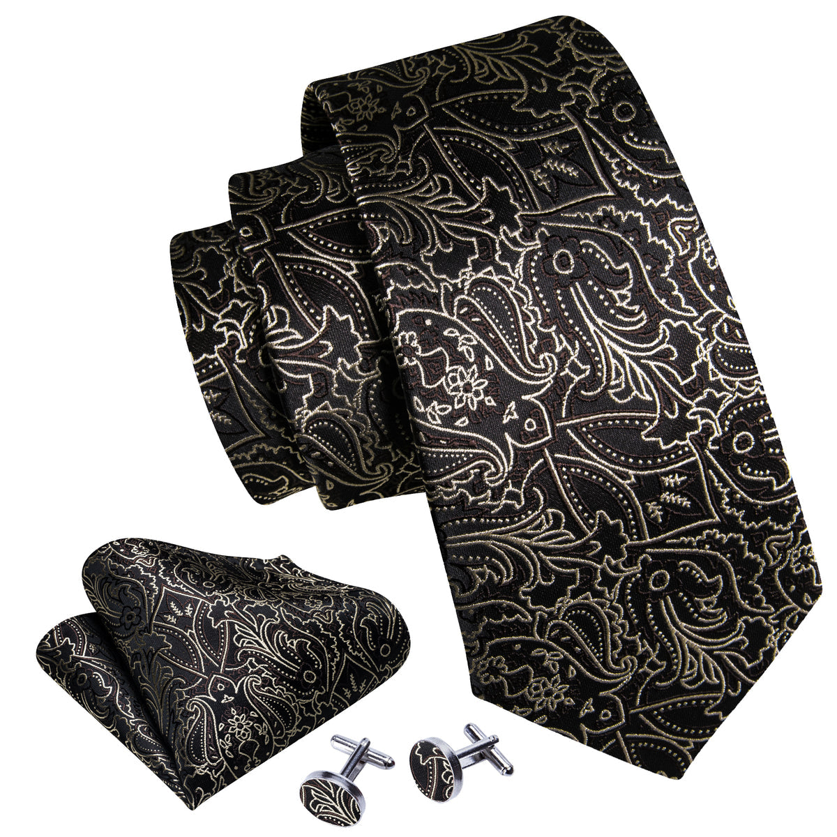 Brown White Floral Silk Tie, Pocket Square and Cufflinks Set tie sets - Sophisticated Gentlemen