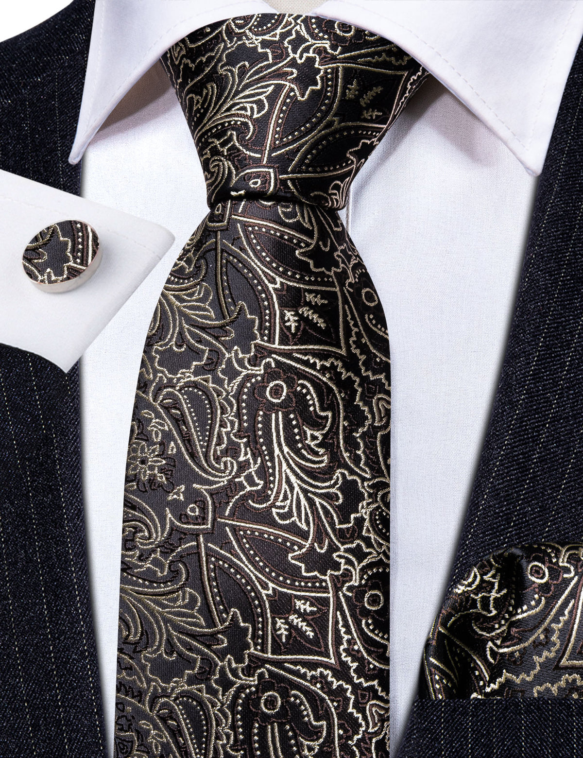 Brown White Floral Silk Tie, Pocket Square and Cufflinks Set tie sets - Sophisticated Gentlemen