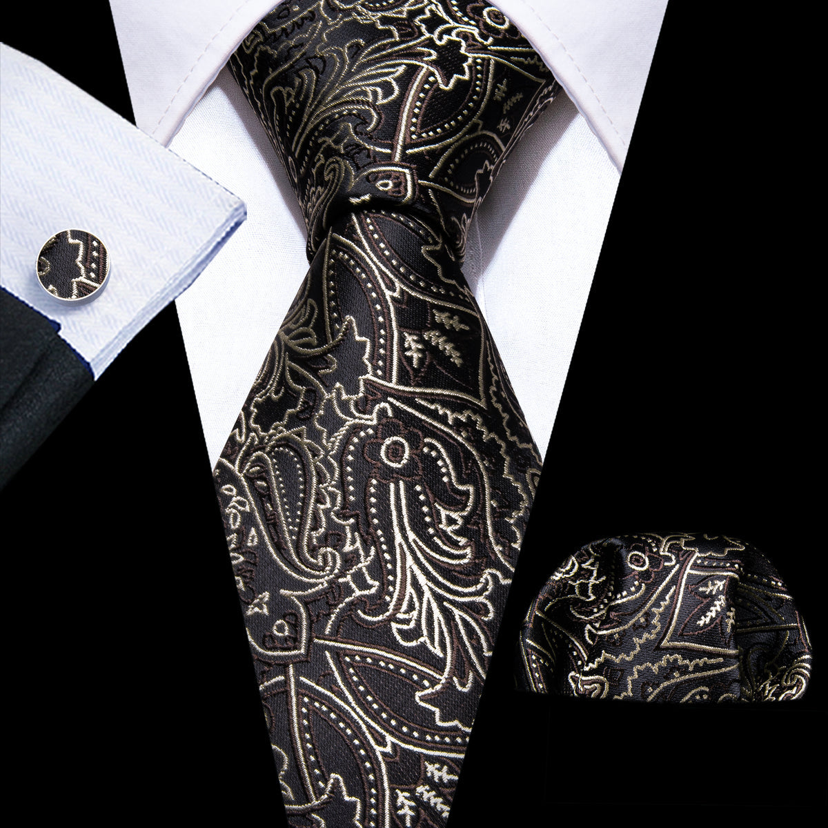 Brown White Floral Silk Tie, Pocket Square and Cufflinks Set tie sets - Sophisticated Gentlemen