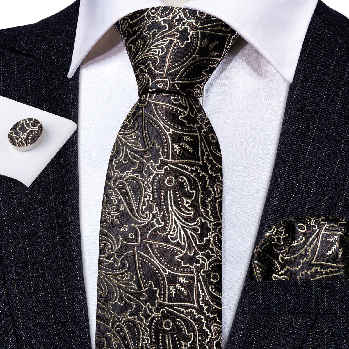Brown White Floral Silk Tie, Pocket Square and Cufflinks Set tie sets - Sophisticated Gentlemen