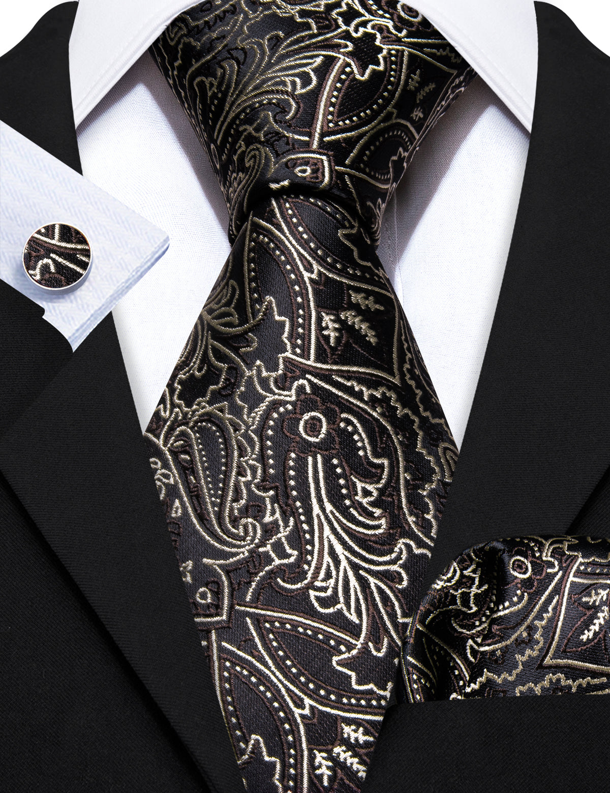 Brown White Floral Silk Tie, Pocket Square and Cufflinks Set tie sets - Sophisticated Gentlemen
