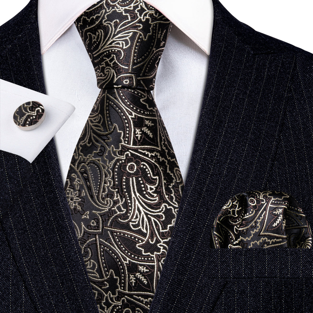 Brown White Floral Silk Tie, Pocket Square and Cufflinks Set tie sets - Sophisticated Gentlemen