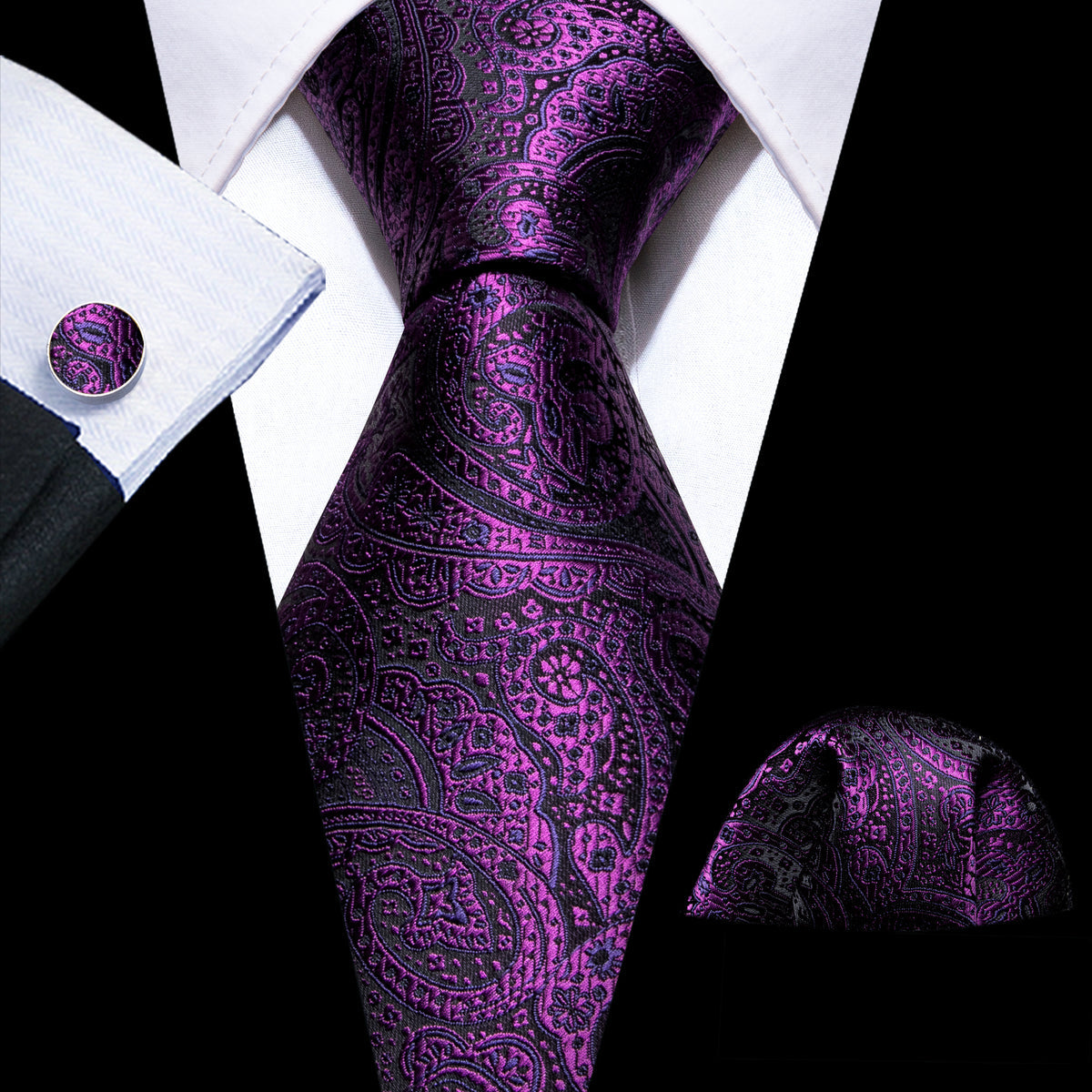 Classy Purple Paisley Silk Tie, Pocket Square and Cufflinks Set tie sets - Sophisticated Gentlemen