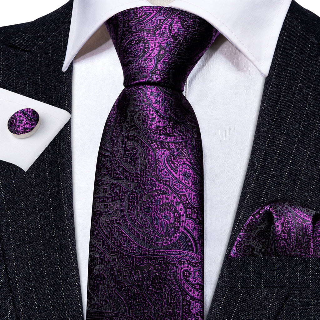 Classy Purple Paisley Silk Tie, Pocket Square and Cufflinks Set tie sets - Sophisticated Gentlemen