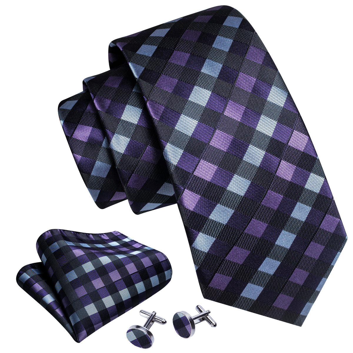 Black Purple Plaid Silk Tie, Pocket Square and Cufflinks Set tie sets - Sophisticated Gentlemen