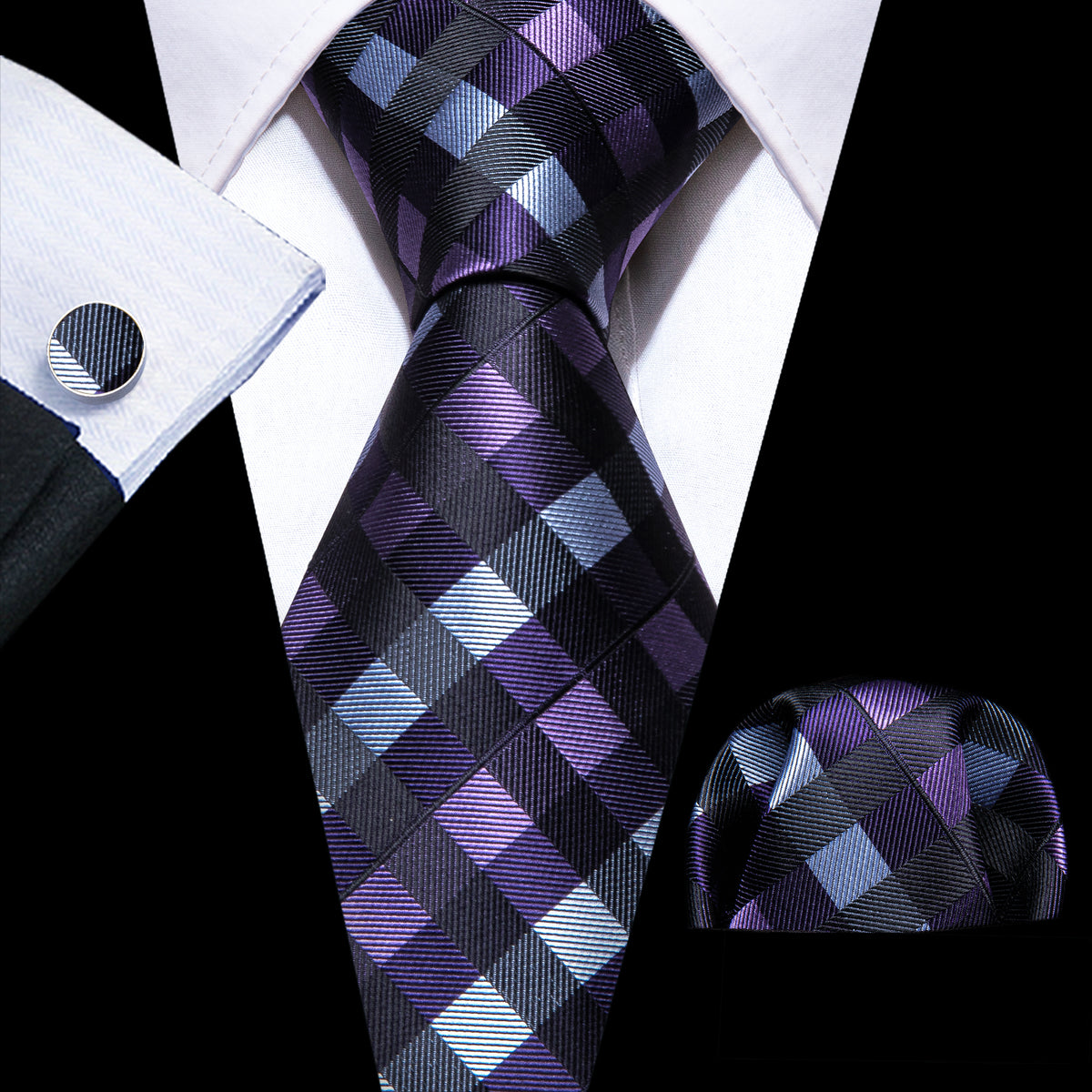 Black Purple Plaid Silk Tie, Pocket Square and Cufflinks Set tie sets - Sophisticated Gentlemen