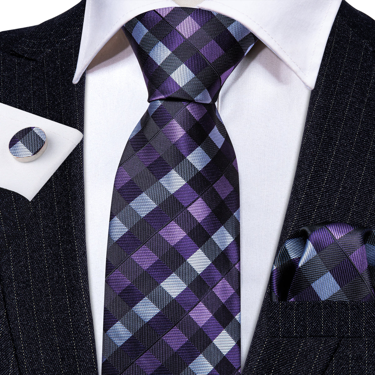 Black Purple Plaid Silk Tie, Pocket Square and Cufflinks Set tie sets - Sophisticated Gentlemen