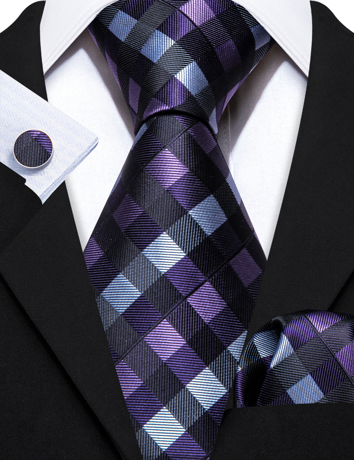 Black Purple Plaid Silk Tie, Pocket Square and Cufflinks Set tie sets - Sophisticated Gentlemen