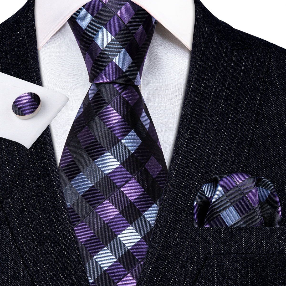 Black Purple Plaid Silk Tie, Pocket Square and Cufflinks Set tie sets - Sophisticated Gentlemen