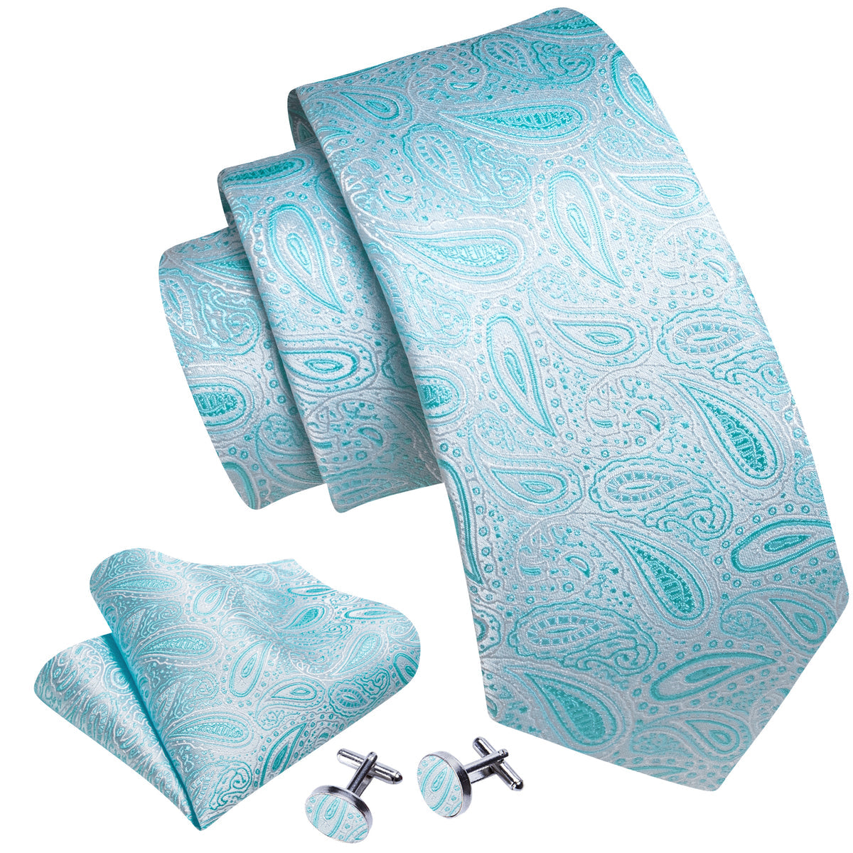 Sky Blue Paisley Silk Men's Tie, Pocket Square and Cufflinks Set tie sets - Sophisticated Gentlemen
