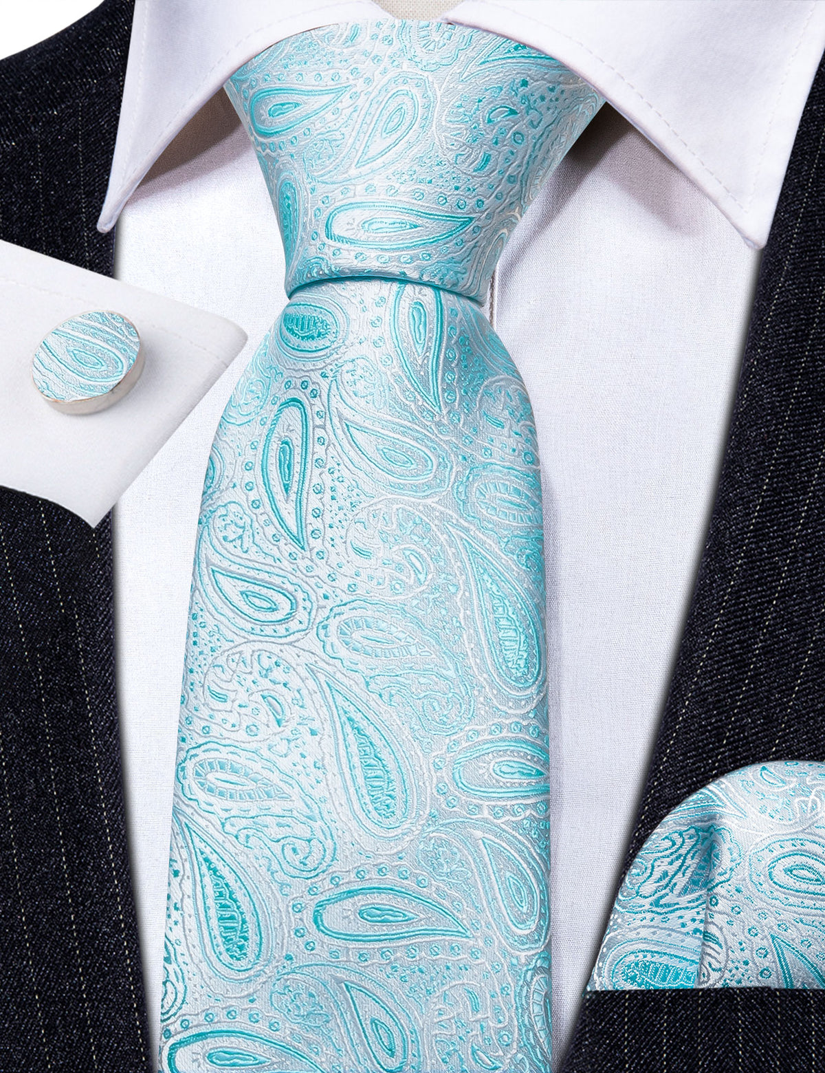 Sky Blue Paisley Silk Men's Tie, Pocket Square and Cufflinks Set tie sets - Sophisticated Gentlemen