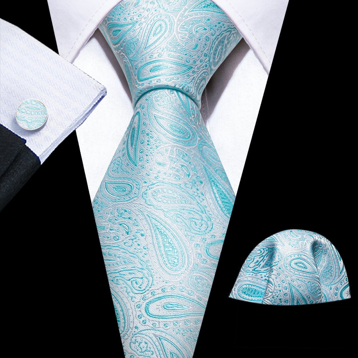 Sky Blue Paisley Silk Men's Tie, Pocket Square and Cufflinks Set tie sets - Sophisticated Gentlemen