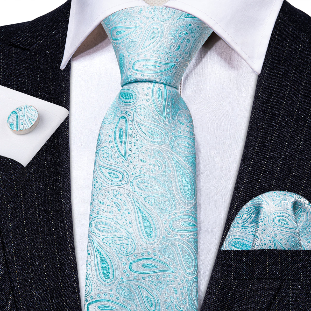 Sky Blue Paisley Silk Men's Tie, Pocket Square and Cufflinks Set tie sets - Sophisticated Gentlemen