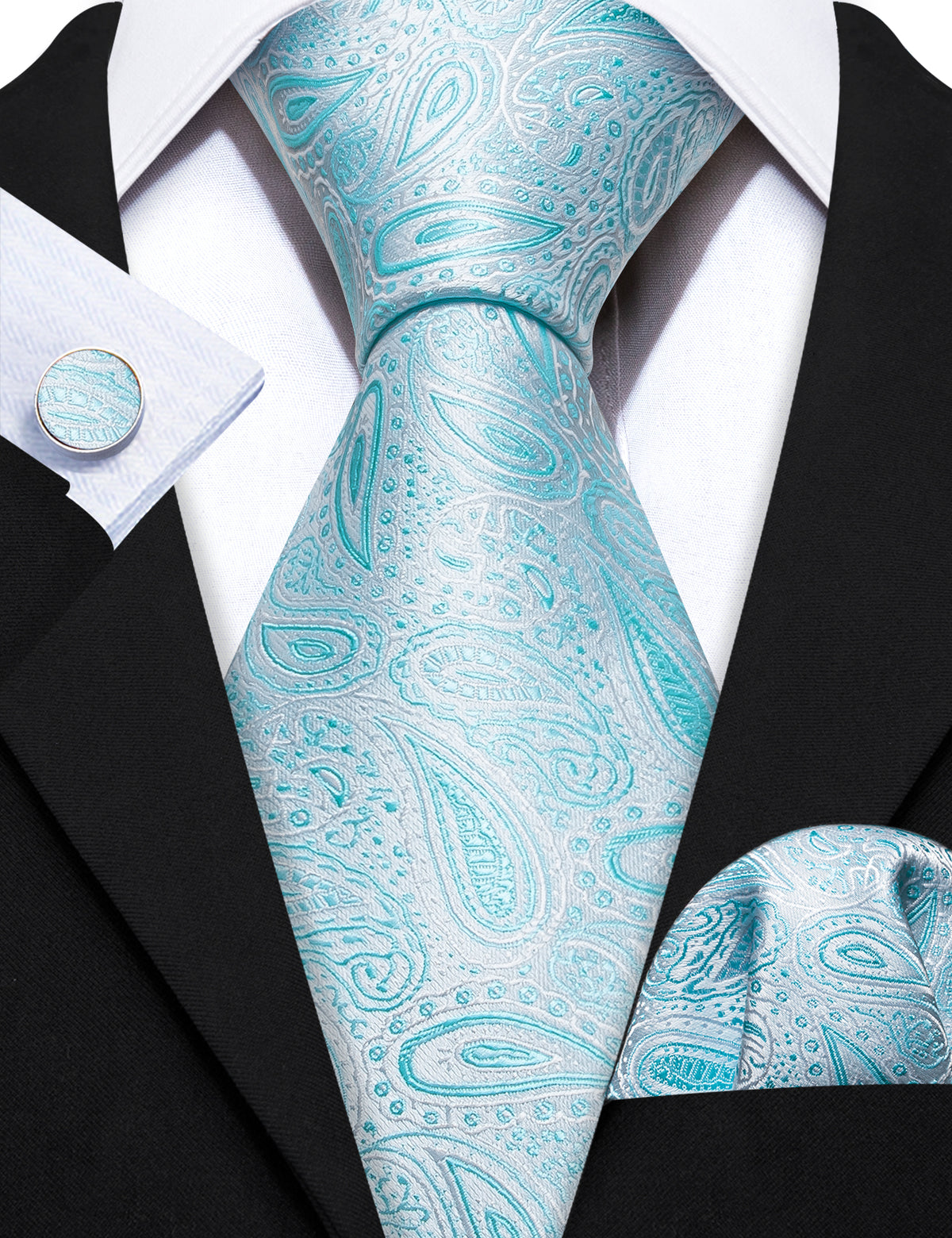 Sky Blue Paisley Silk Men's Tie, Pocket Square and Cufflinks Set tie sets - Sophisticated Gentlemen