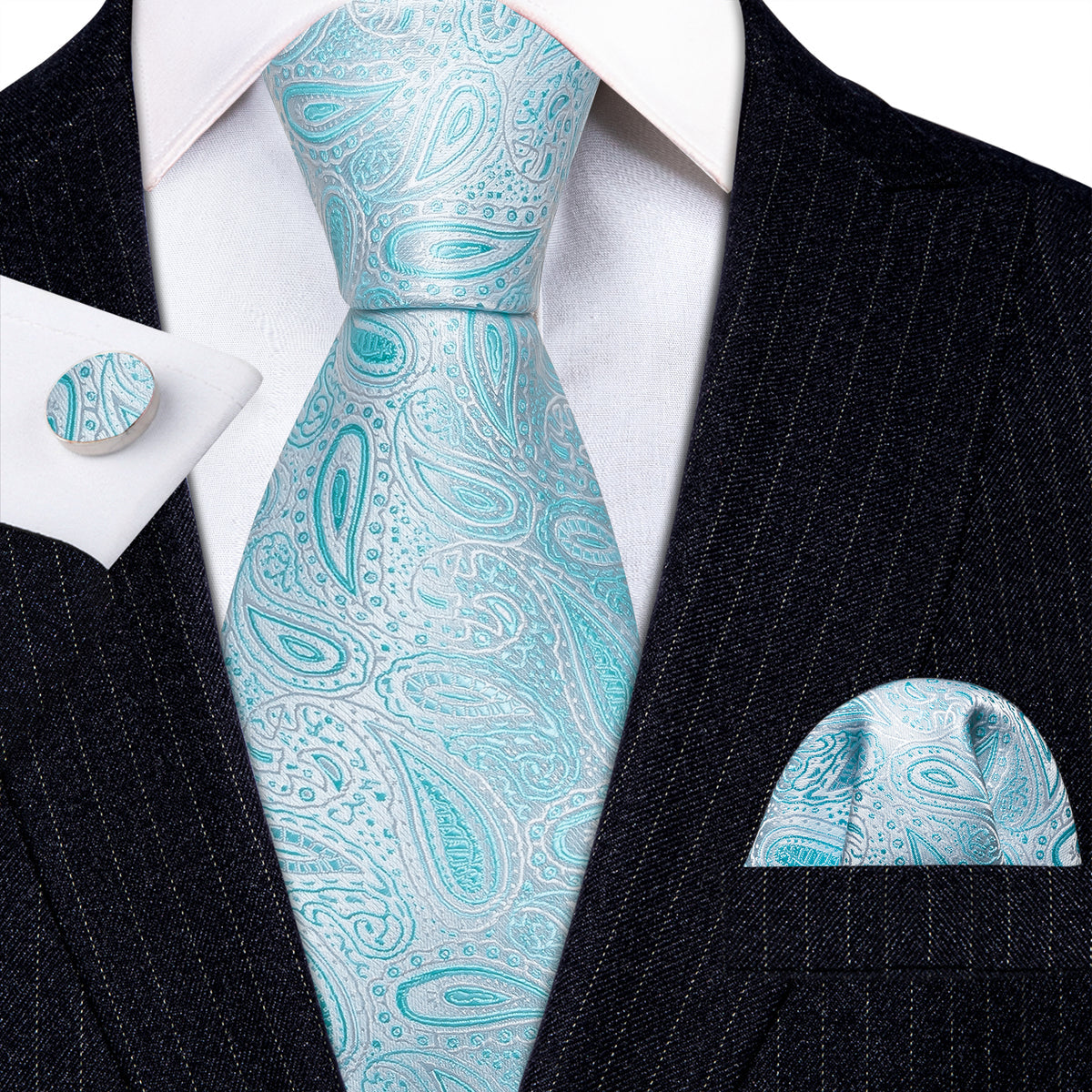 Sky Blue Paisley Silk Men's Tie, Pocket Square and Cufflinks Set tie sets - Sophisticated Gentlemen