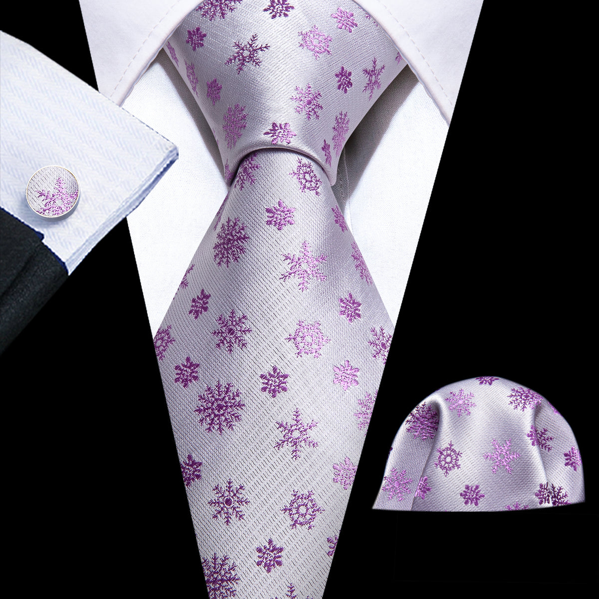 White Pink Christmas Silk Tie, Pocket Square and Cufflinks Set tie sets - Sophisticated Gentlemen