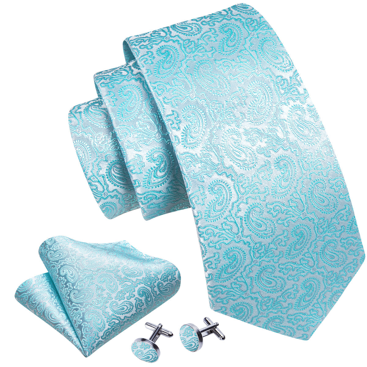 Light Blue Silver Paisley Silk Tie, Pocket Square and Cufflinks Set tie sets - Sophisticated Gentlemen