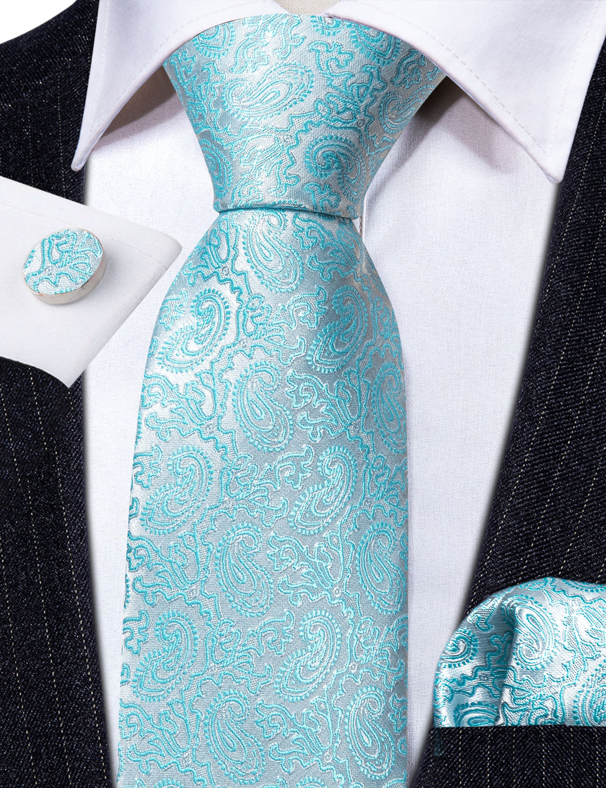 Light Blue Silver Paisley Silk Tie, Pocket Square and Cufflinks Set tie sets - Sophisticated Gentlemen