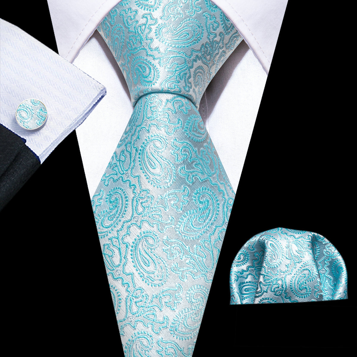 Light Blue Silver Paisley Silk Tie, Pocket Square and Cufflinks Set tie sets - Sophisticated Gentlemen