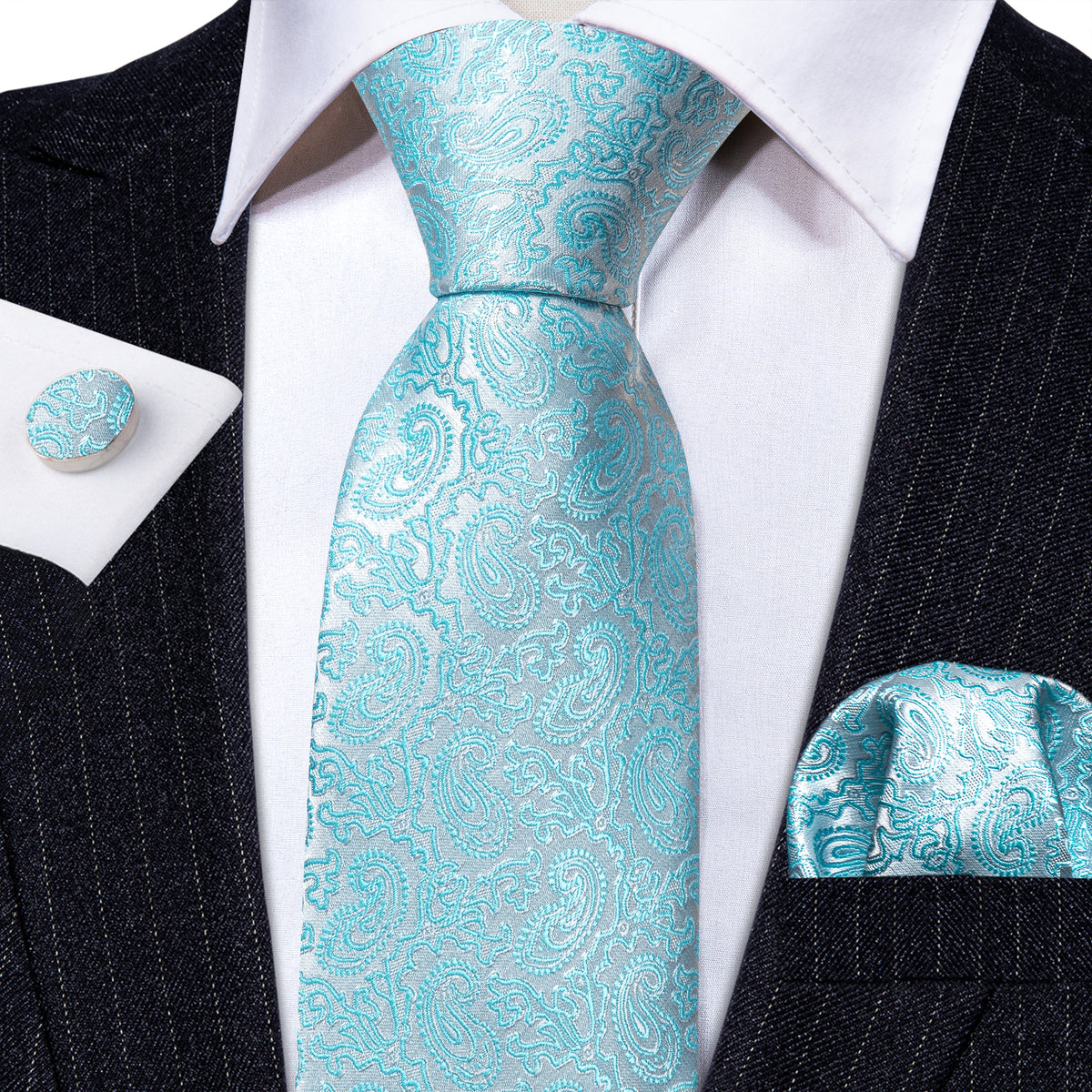 Light Blue Silver Paisley Silk Tie, Pocket Square and Cufflinks Set tie sets - Sophisticated Gentlemen