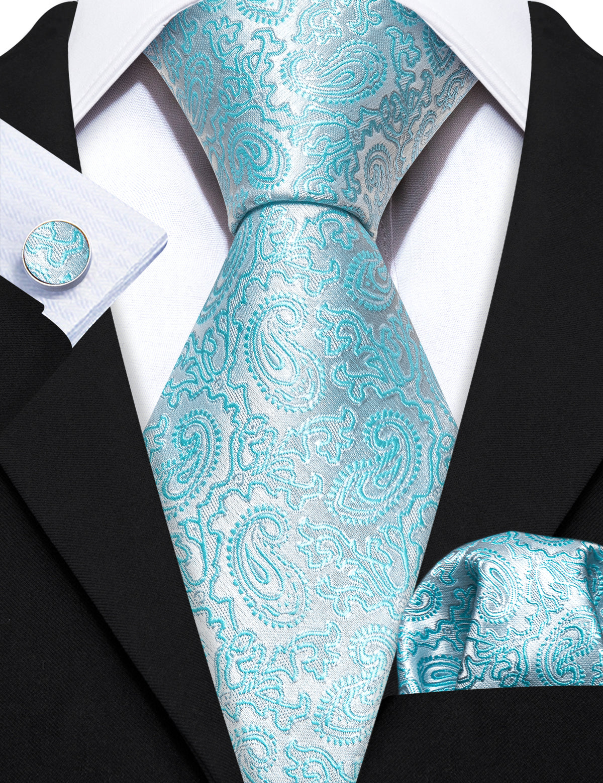 Light Blue Silver Paisley Silk Tie, Pocket Square and Cufflinks Set tie sets - Sophisticated Gentlemen