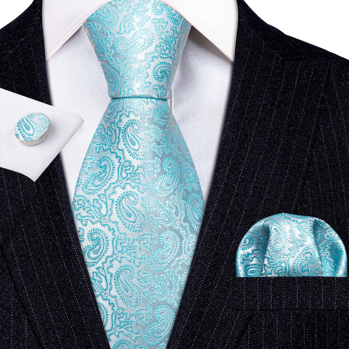 Light Blue Silver Paisley Silk Tie, Pocket Square and Cufflinks Set tie sets - Sophisticated Gentlemen