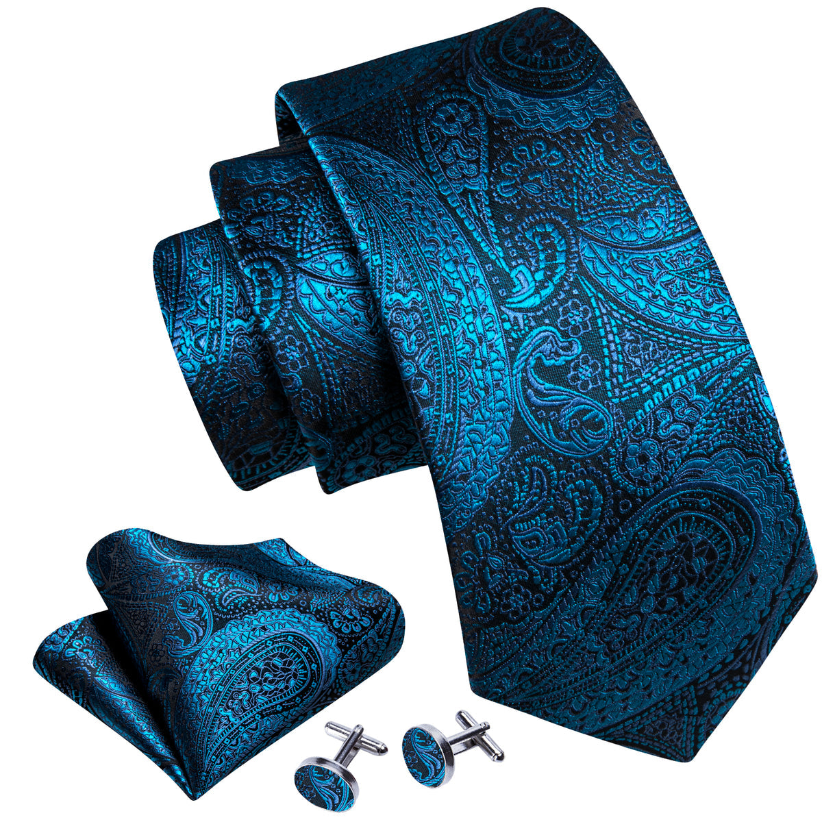 Blue Black Paisley Silk Tie, Pocket Square and Cufflinks Set tie sets - Sophisticated Gentlemen