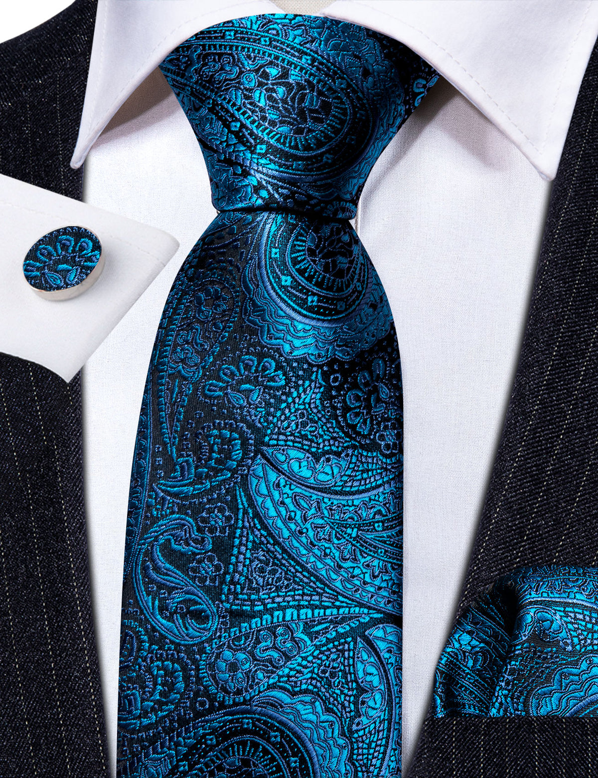 Blue Black Paisley Silk Tie, Pocket Square and Cufflinks Set tie sets - Sophisticated Gentlemen
