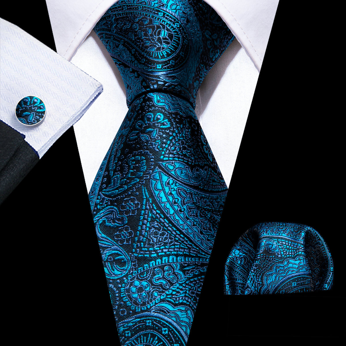Blue Black Paisley Silk Tie, Pocket Square and Cufflinks Set tie sets - Sophisticated Gentlemen