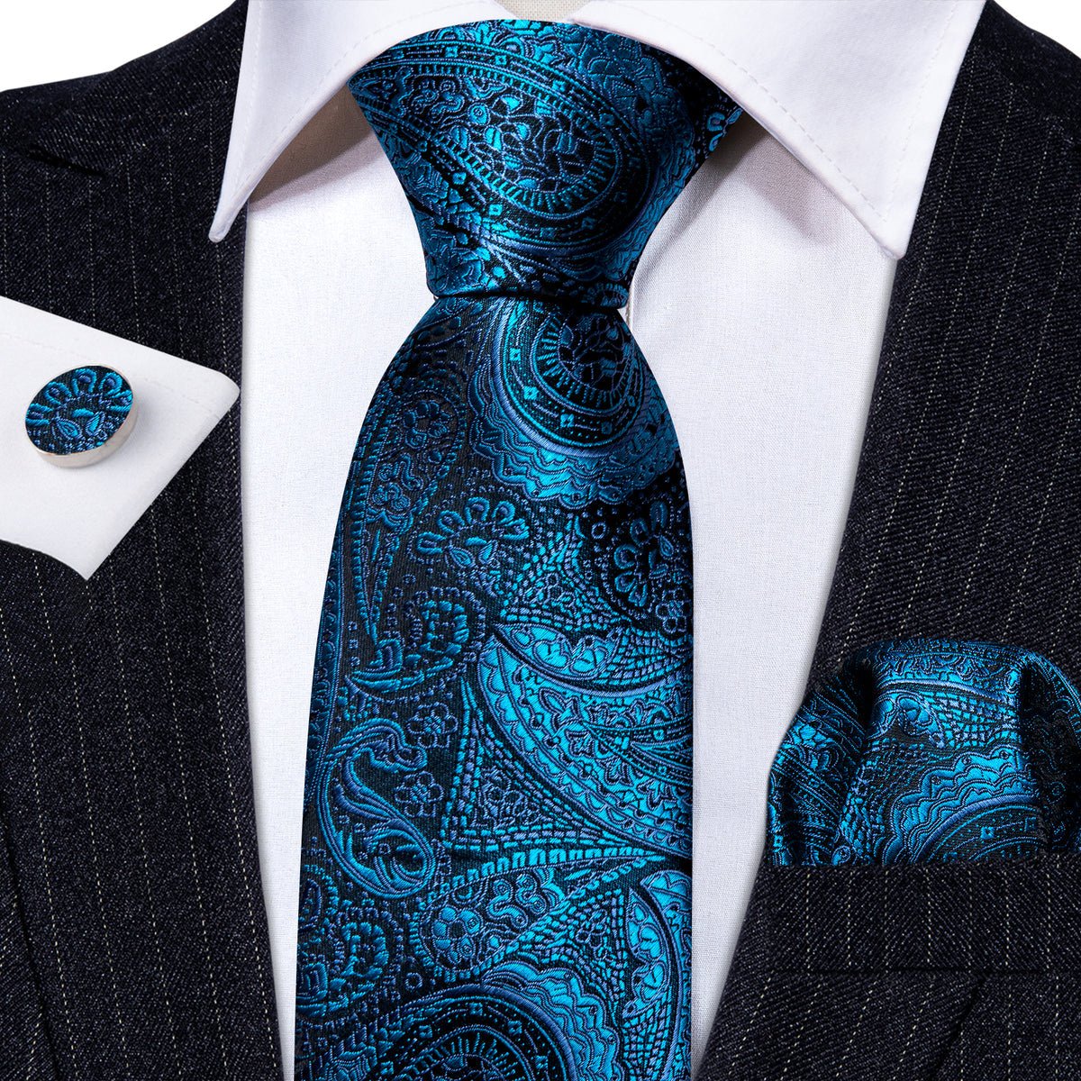 Blue Black Paisley Silk Tie, Pocket Square and Cufflinks Set tie sets - Sophisticated Gentlemen