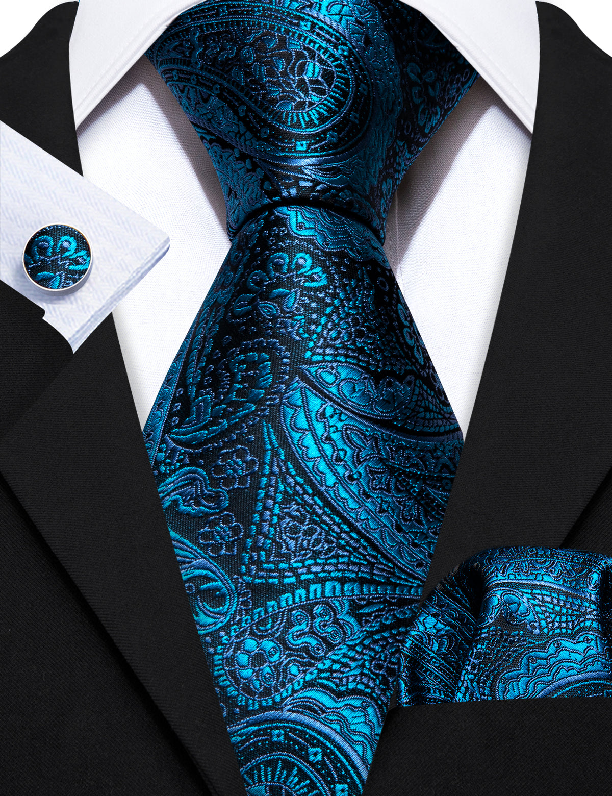 Blue Black Paisley Silk Tie, Pocket Square and Cufflinks Set tie sets - Sophisticated Gentlemen