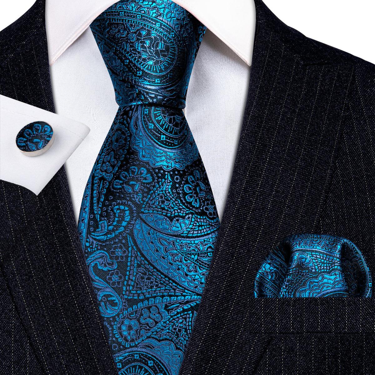 Blue Black Paisley Silk Tie, Pocket Square and Cufflinks Set tie sets - Sophisticated Gentlemen