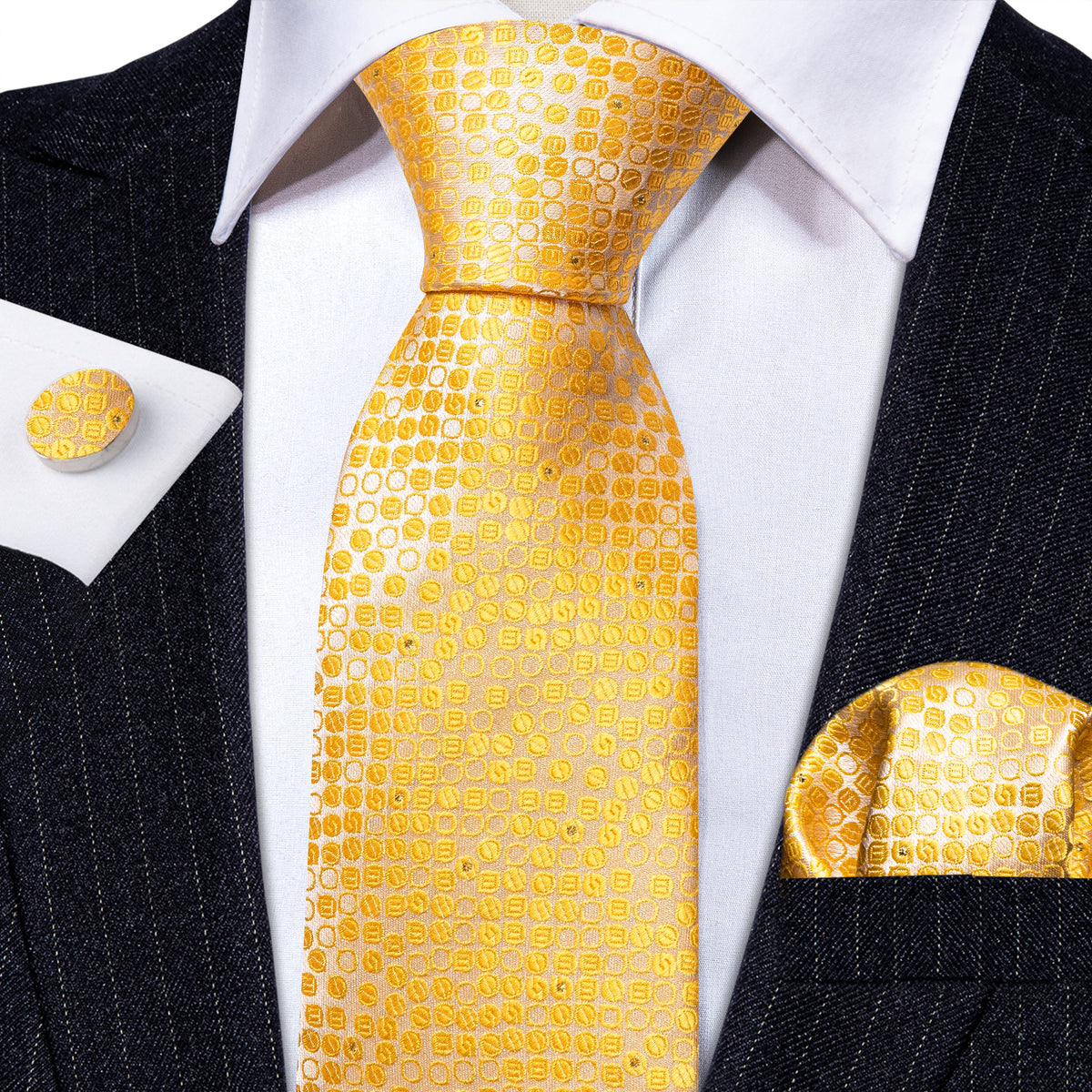 Yellow Floral Silk Tie, Pocket Square and Cufflinks Set tie sets - Sophisticated Gentlemen