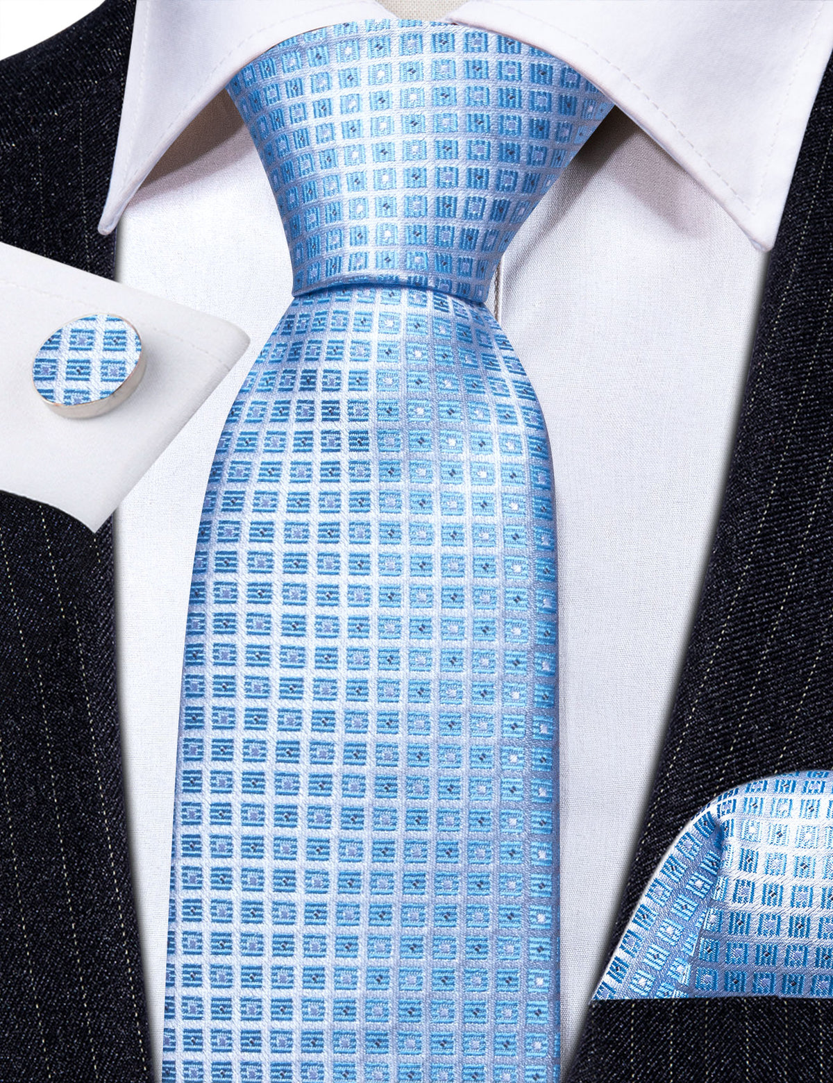 Light Blue Lattice Tie, Pocket Square and Cufflinks Set tie sets - Sophisticated Gentlemen
