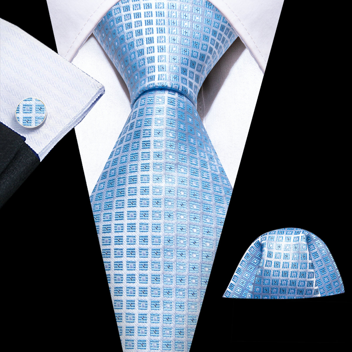 Light Blue Lattice Tie, Pocket Square and Cufflinks Set tie sets - Sophisticated Gentlemen