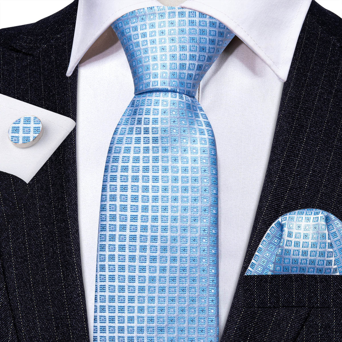 Light Blue Lattice Tie, Pocket Square and Cufflinks Set tie sets - Sophisticated Gentlemen