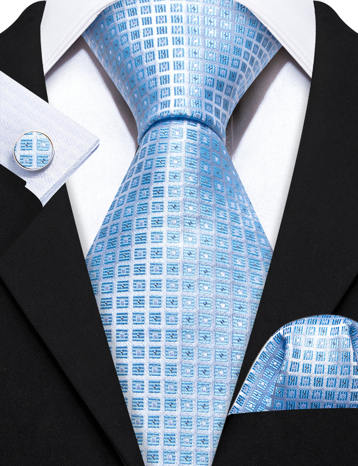 Light Blue Lattice Tie, Pocket Square and Cufflinks Set tie sets - Sophisticated Gentlemen