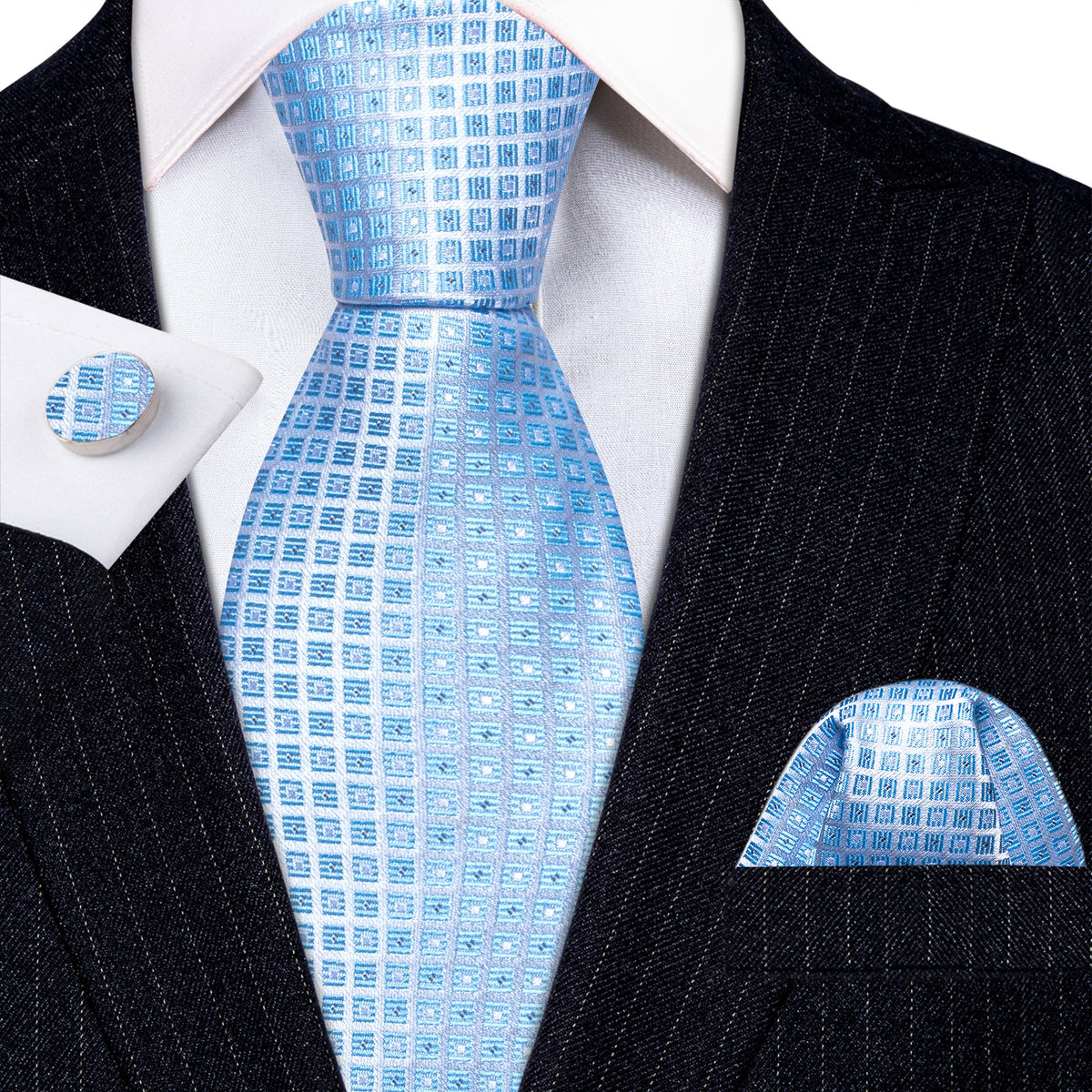 Light Blue Lattice Tie, Pocket Square and Cufflinks Set tie sets - Sophisticated Gentlemen