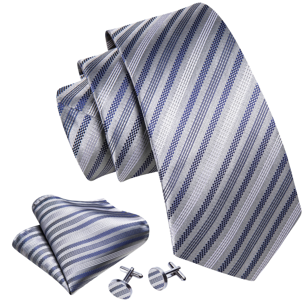Gray Blue Striped Silk Tie, Pocket Square and Cufflinks Set tie sets - Sophisticated Gentlemen