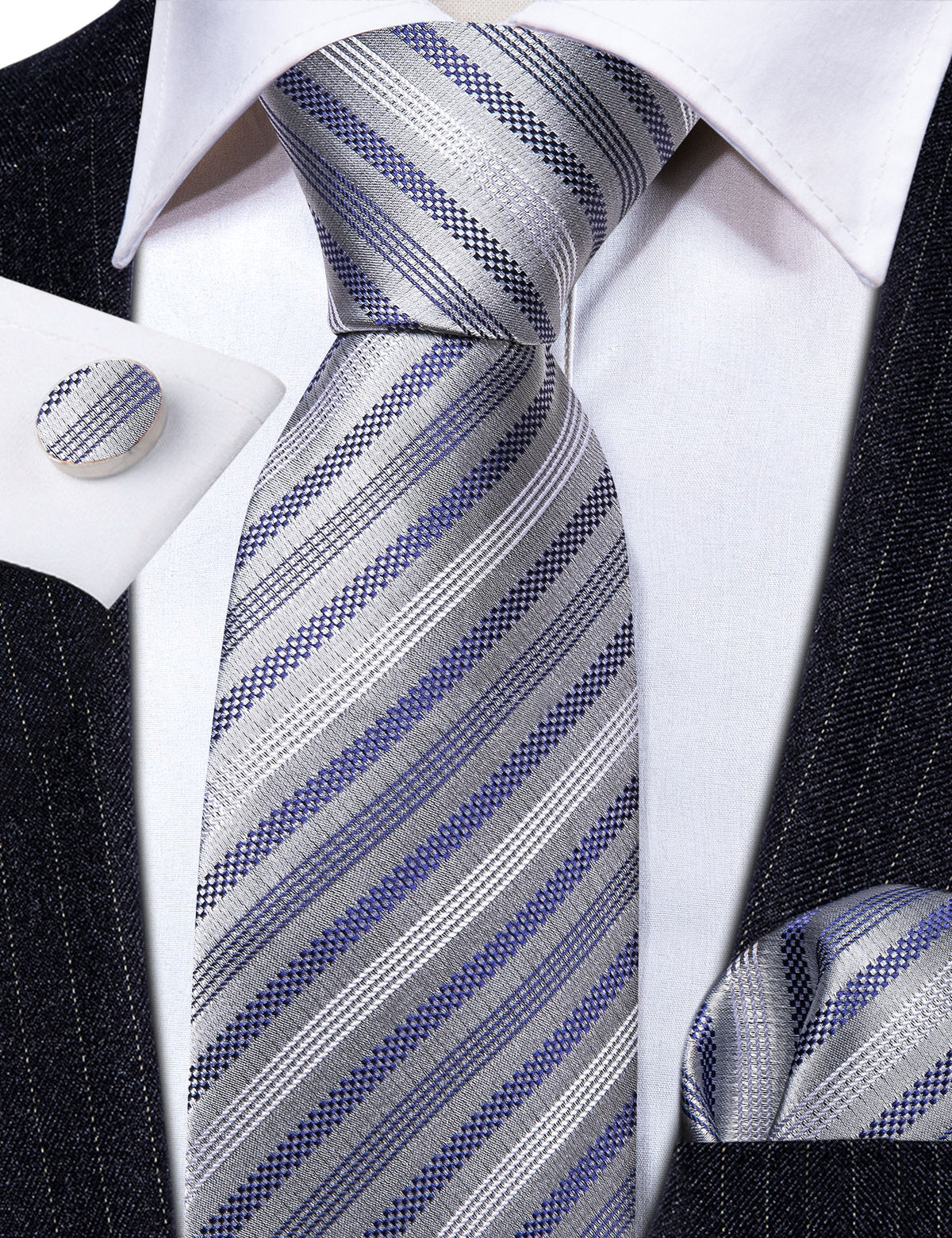 Gray Blue Striped Silk Tie, Pocket Square and Cufflinks Set tie sets - Sophisticated Gentlemen