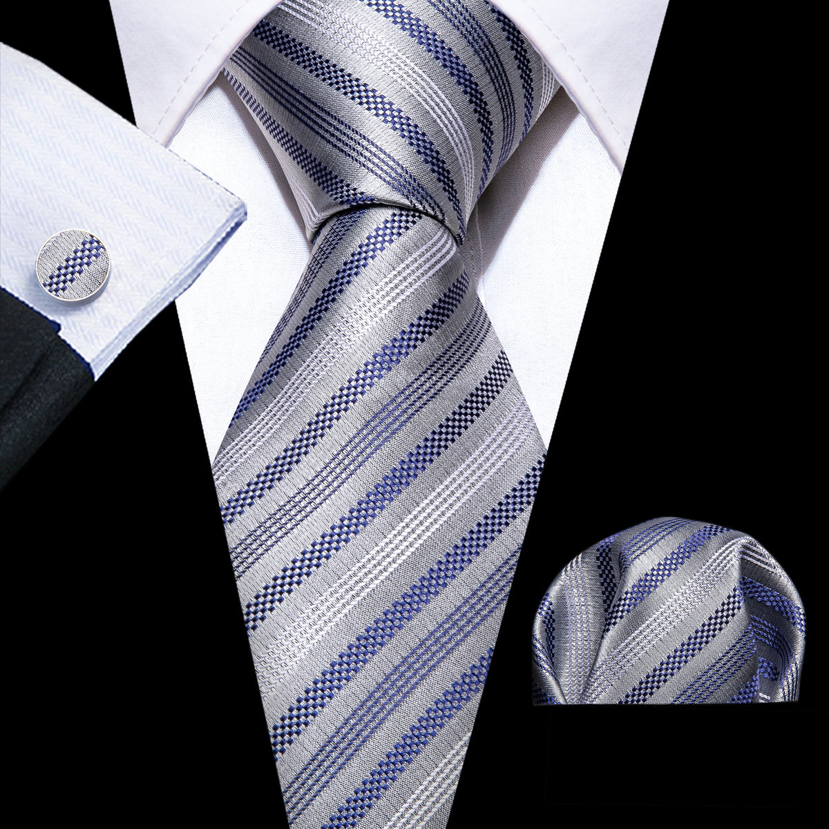 Gray Blue Striped Silk Tie, Pocket Square and Cufflinks Set tie sets - Sophisticated Gentlemen