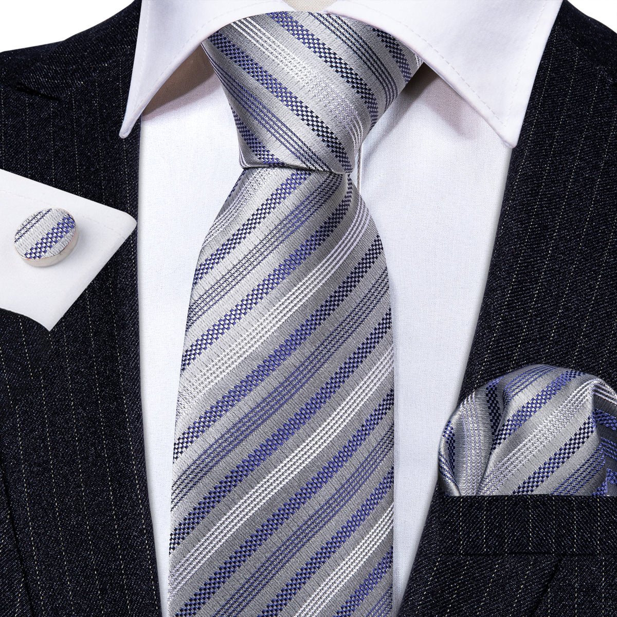 Gray Blue Striped Silk Tie, Pocket Square and Cufflinks Set tie sets - Sophisticated Gentlemen