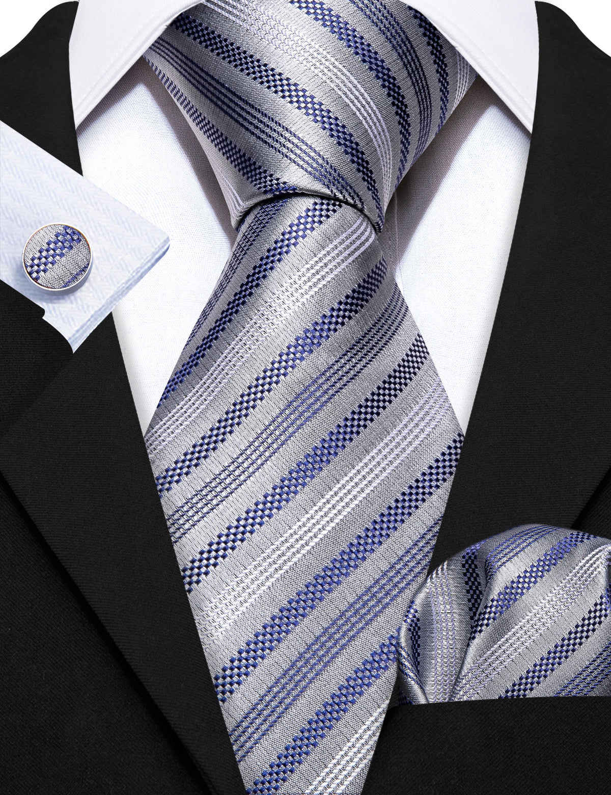 Gray Blue Striped Silk Tie, Pocket Square and Cufflinks Set tie sets - Sophisticated Gentlemen