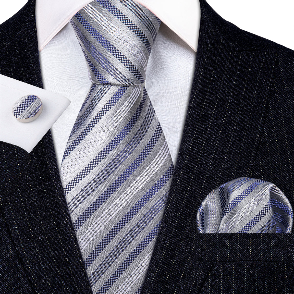 Gray Blue Striped Silk Tie, Pocket Square and Cufflinks Set tie sets - Sophisticated Gentlemen