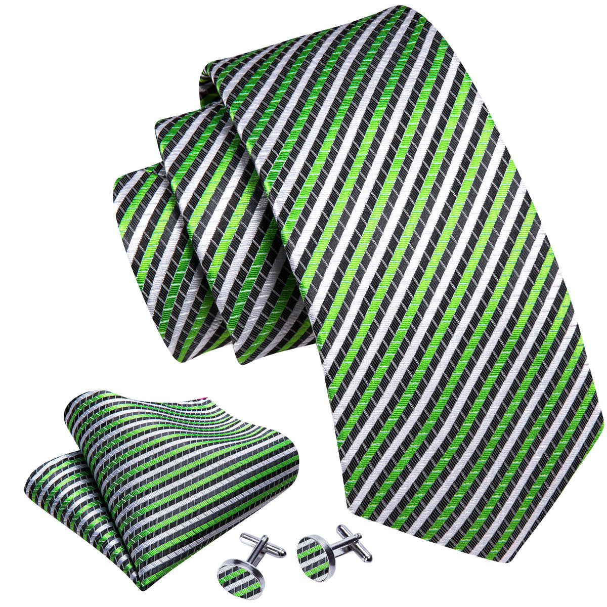 Green White Chartreuse Striped Silk Tie, Pocket Square and Cufflinks Set tie sets - Sophisticated Gentlemen